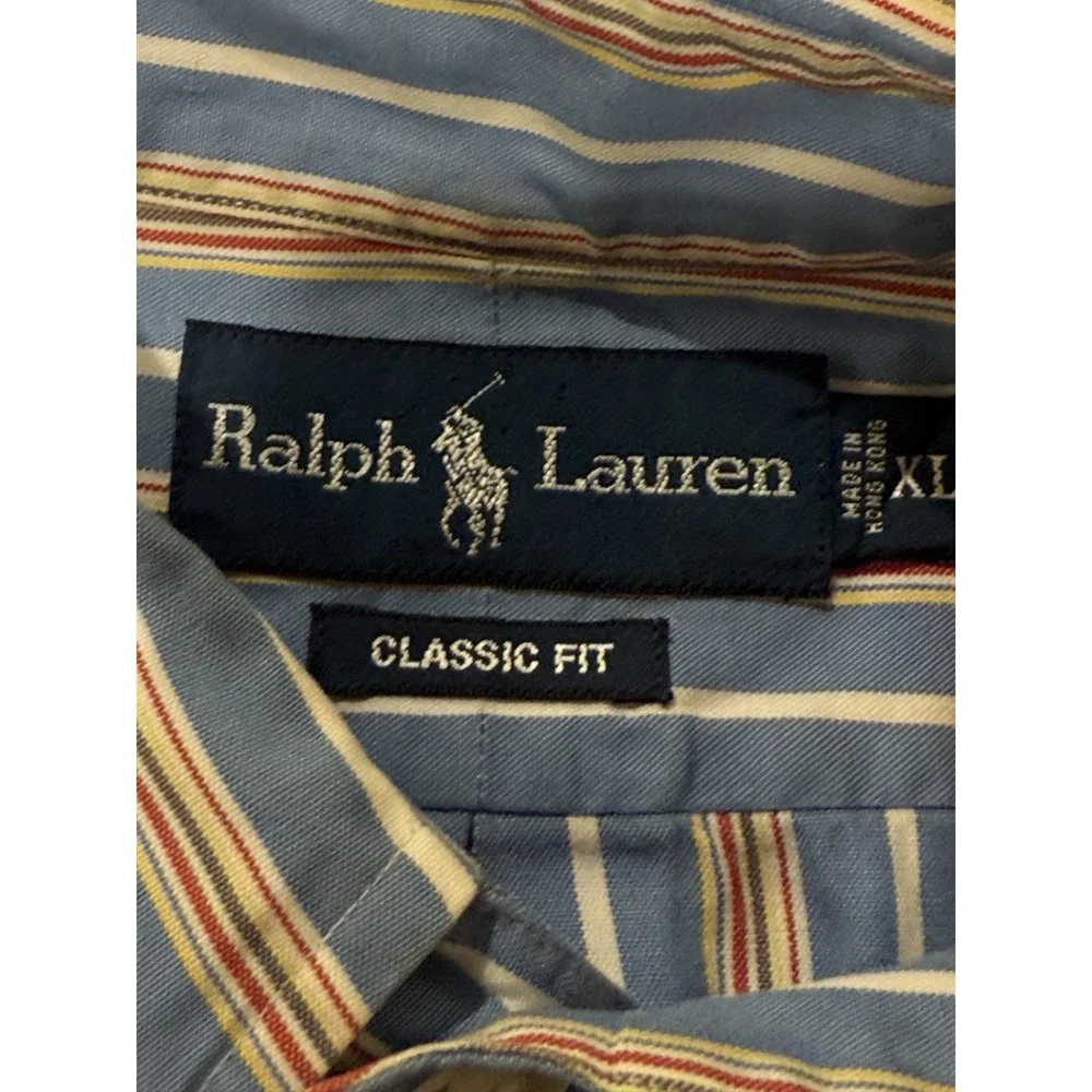 Vintage Ralph Lauren Men Shirt XL Blue Multi Stripe Red Pony Button Down Classic